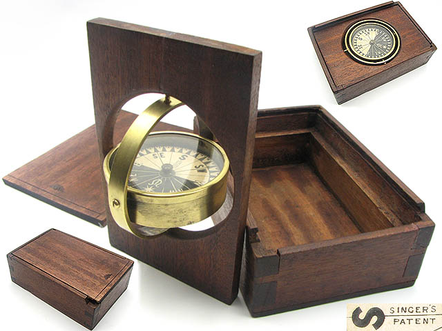 19th century Singer’s Patent gimbal mounted compass in mahogany case